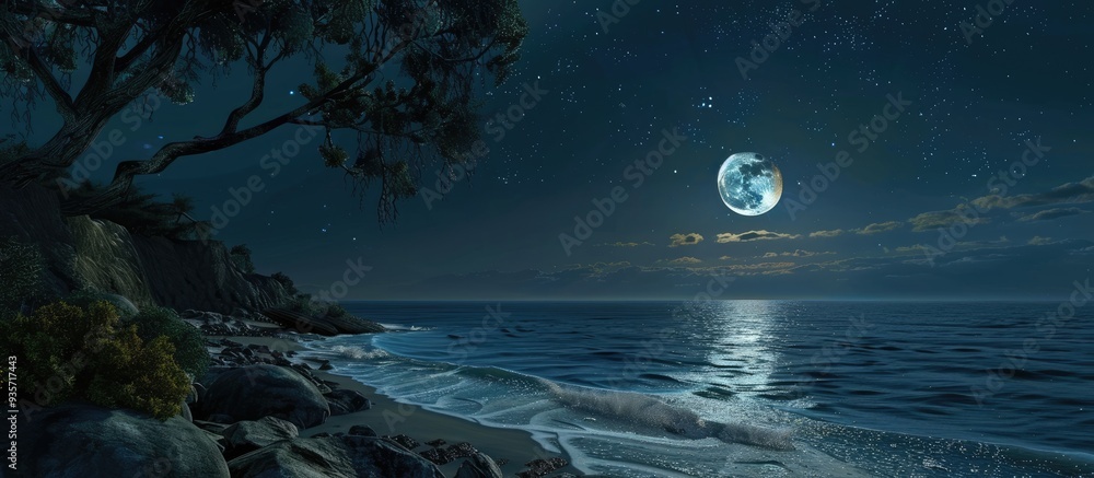 Poster enchanting night by the ocean under the moon. copy space image. place for adding text and design