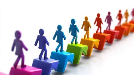 Colorful figures walk up a line of arrows, symbolizing progress, teamwork, and success.