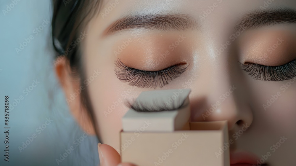 Poster Close-up of a woman's eye with long eyelashes and a box of false eyelashes.