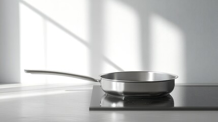 Stainless steel cooking pan on a minimalist stovetop, the reflective surface adding elegance to a simple kitchen scene.