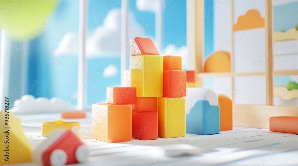 Poster colorful wooden blocks stacked high in a bright and cheerful room. the blocks form a tower against a