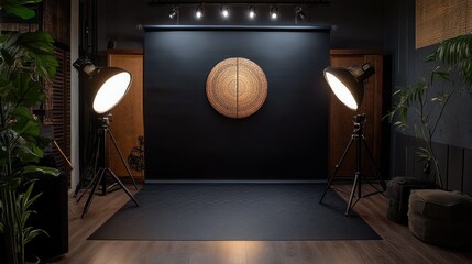 Studio setup with a black paper background, enhanced by professional lighting, offering a sleek and modern aesthetic.