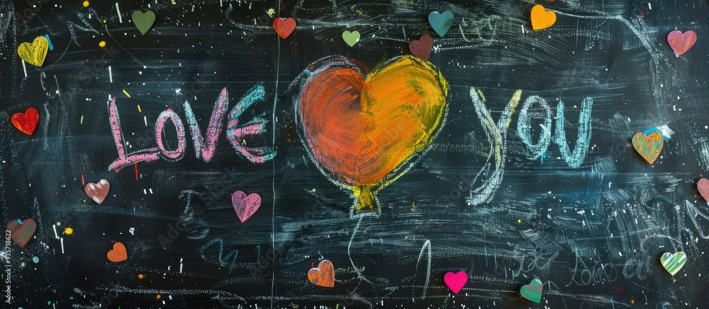 Aufkleber i love you chalk writing on a blackboard multicolored text on a chalkboard. copy space image. place 