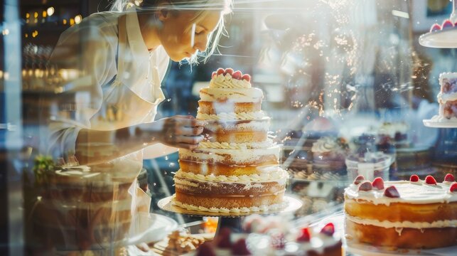 A baker carefully decorates a beautiful cake with fresh fruits and cream in a bright, inviting pastry shop.