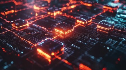 Abstract futuristic glowing circuit board with red and blue neon lights.