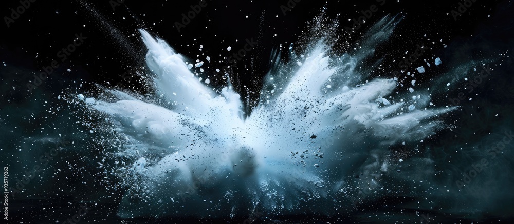 Poster abstract powder explosion on a black background. copy space image. place for adding text and design
