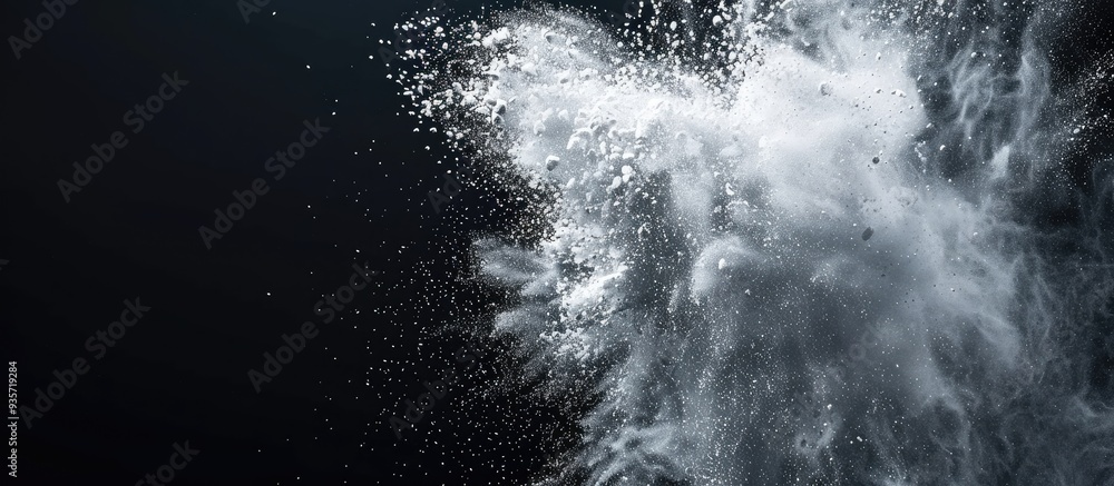 Poster abstract powder splattered background freeze motion of white powder bursting or scattering. copy spa