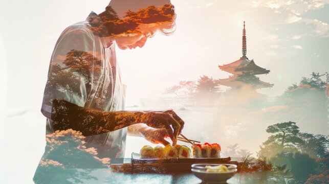 Master chef preparing sushi with an artistic double exposure of nature and a traditional temple in the background.
