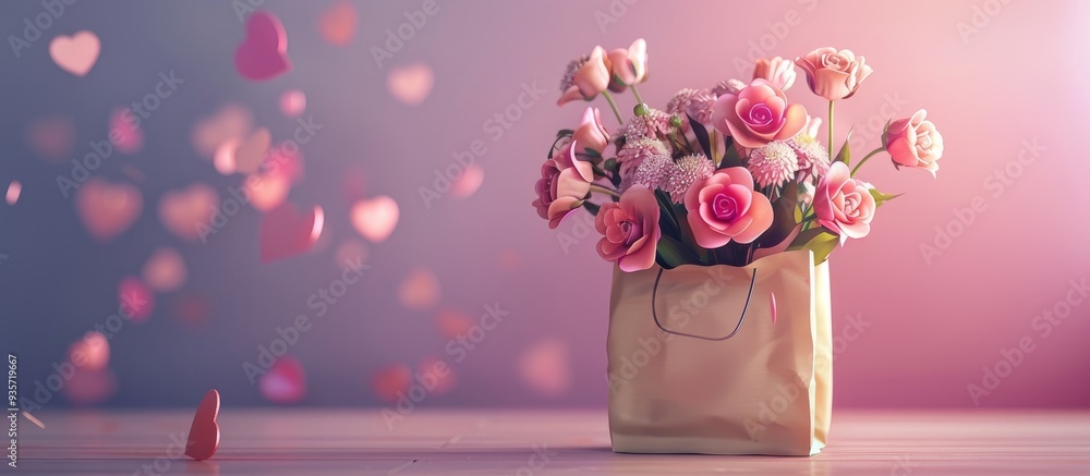 Aufkleber valentine s day flower bouquet in a paper bag. copy space image. place for adding text and design