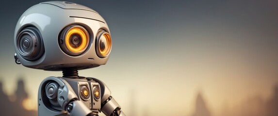 A Close-up of a White Robotic Figure with Glowing Orange Eyes