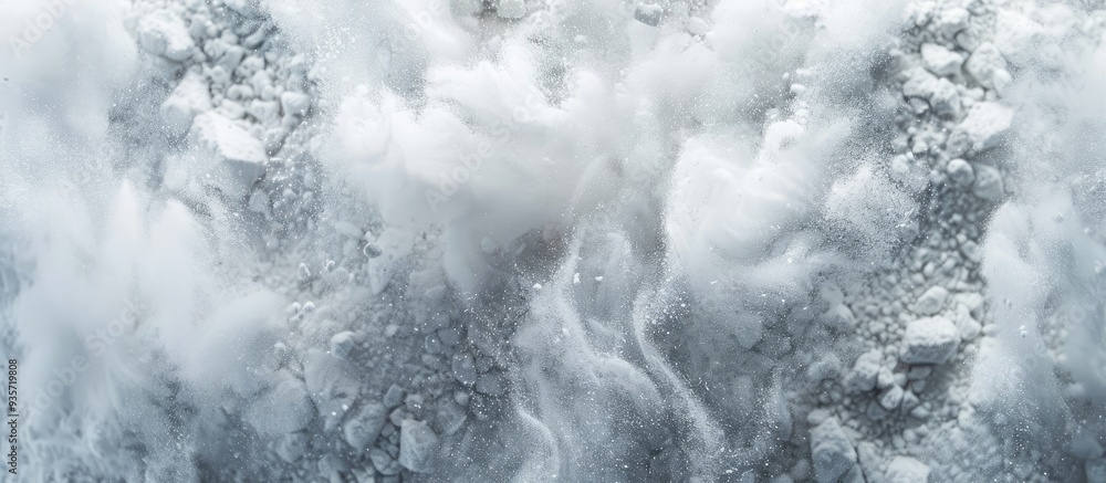 Poster abstract powder splattered background freeze motion of white powder bursting throwing white powder. 