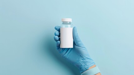 Gloved hand holding medical bottle with medicinal solution with blank label on durable turquoise background, clean and minimalistic, sterile