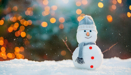 Happy snowman standing in christmas landscape. Snow background. Winter fairytale. a happy snowman with a hat and scarf is shown in the snow. Snowman with a carrot nose, hat, scarf, coal buttons 