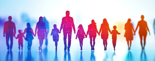 Silhouette of a large family walking together in colorful hues.