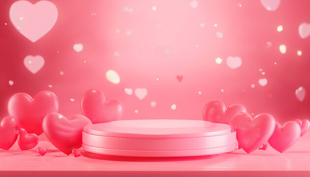 Pink Podium Background for product symbols of love, valentines day 3d. Valentines Day Pink Podium With Hearts With Gradient Mesh