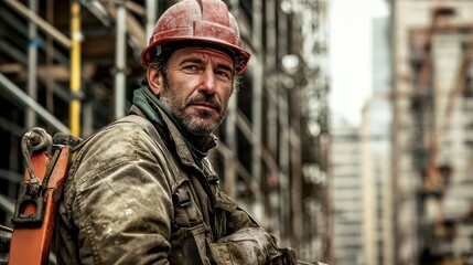 Obraz premium Experienced Construction Worker Operating Heavy Machinery on High-Rise Site