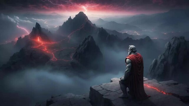 Ancient Greek sculpture, stoic, muscular Greek man against the backdrop of mountains