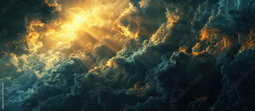 Poster lovely sunlight shines through dark clouds in the evening sky creating a stunning light effect as it