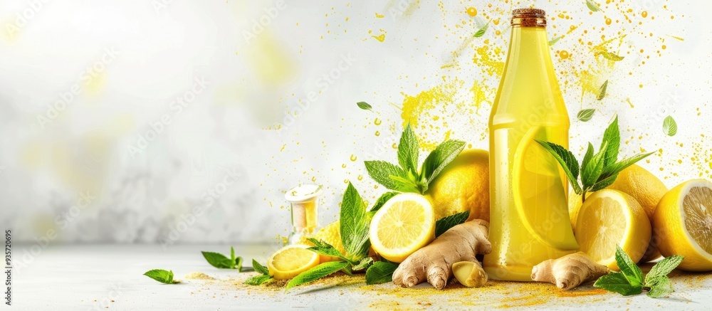 Poster bottle of refreshing lemonade with mint and ginger against a white background. copy space image. pla