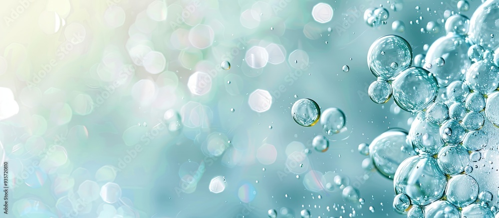 Poster oily bubbles in water with droplets. copy space image. place for adding text and design