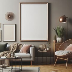 Poster frame mockup in home interior with old retro furniture, 3d render

