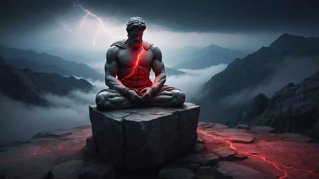 Ancient Greek sculpture, stoic, muscular Greek man against the backdrop of mountains