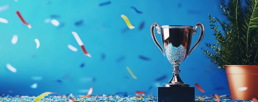 Silver trophy on blue background with confetti.