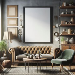 Poster frame mockup in home interior with old retro furniture, 3d render
