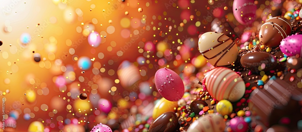 Poster festive easter backdrop featuring chocolate eggs and candies. copy space image. place for adding tex