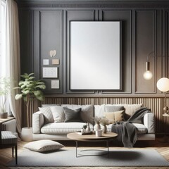 Poster frame mockup in home interior with old retro furniture, 3d render
