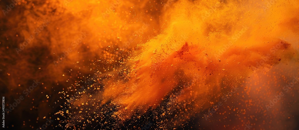 Poster abstract powder splattered background freeze motion of orange powder bursting or throwing orange dus