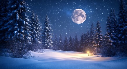 Fototapeta premium Snow covered trees night landscape Christmas concept background