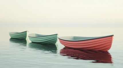 Naklejka premium Three small boats, painted in various colors, sit on calm water, reflecting the colors of the sky above.
