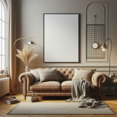 Poster frame mockup in home interior with old retro furniture, 3d render
