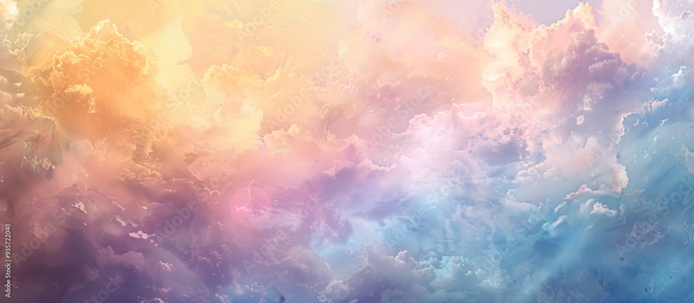Poster fantasy cloudy sky featuring a pastel gradient and grunge texture abstract nature background. copy s