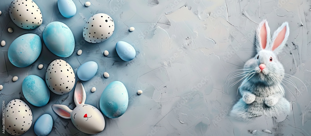 Poster blue easter eggs featuring a bunny on a concrete background top view. copy space image. place for ad