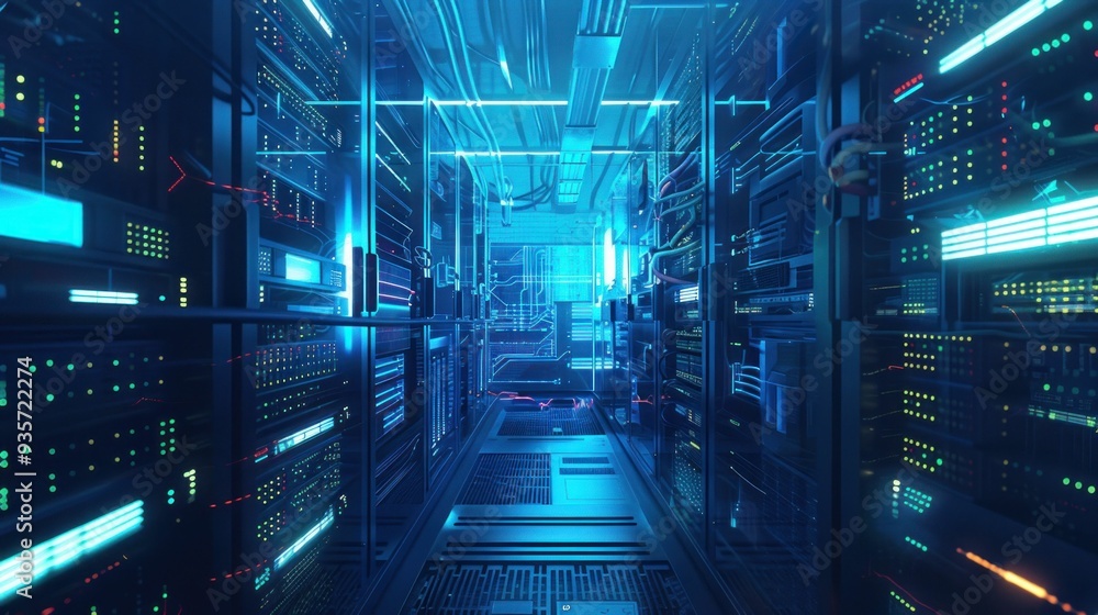 Poster futuristic data center with glowing server racks and vibrant blue lighting, showcasing advanced tech