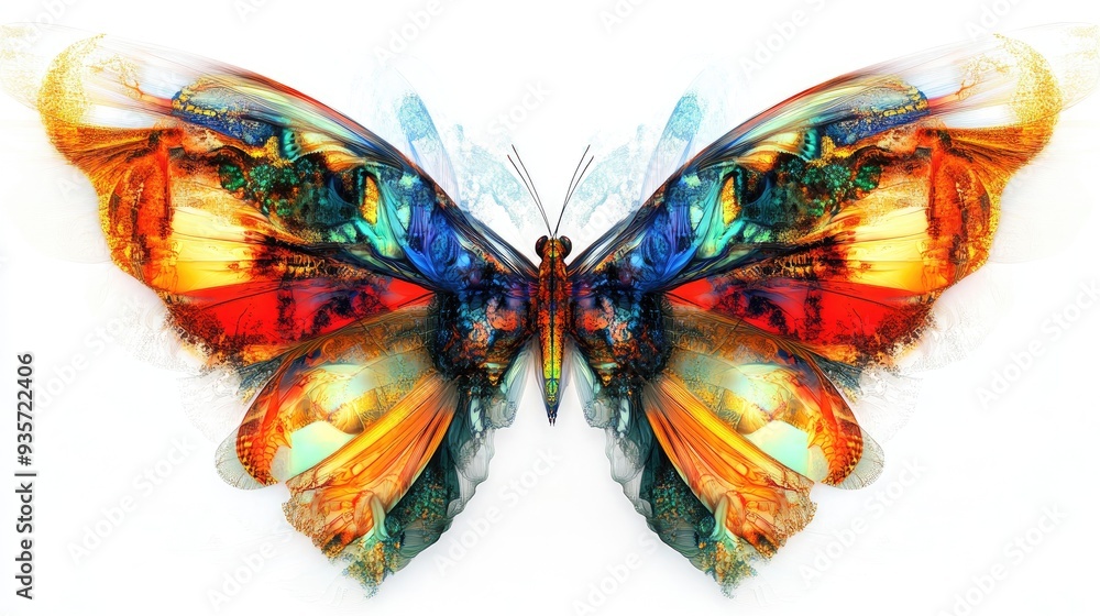 Poster stunning fractal wings of insects in vivid colors, symmetrically arranged, creating abstract art on 