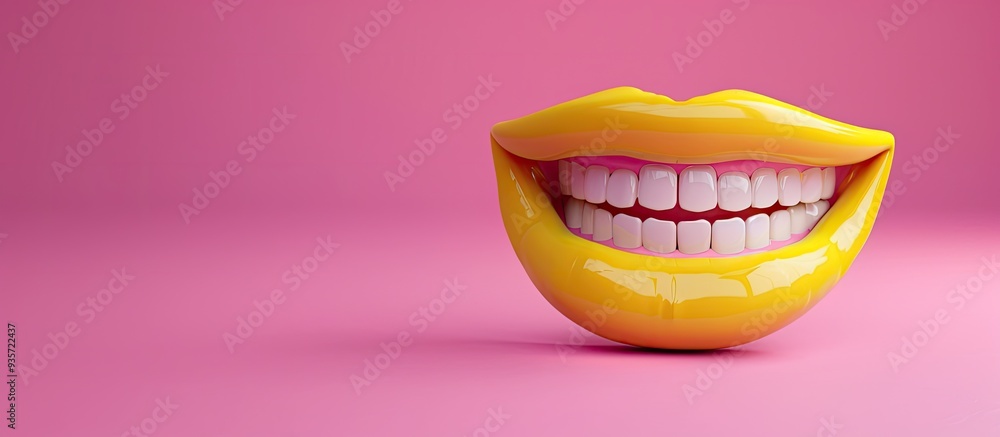 Aufkleber yellow smile on a pink backdrop. Copy space image. Place for adding text and design
