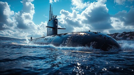 Realistic Photo of Submarine Emerging from Water with Blue Sky and Clouds Background

