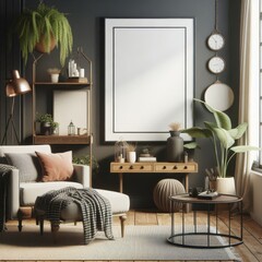 Poster frame mockup in home interior with old retro furniture, 3d render

