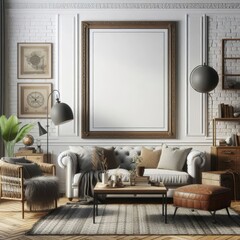 Poster frame mockup in home interior with old retro furniture, 3d render
