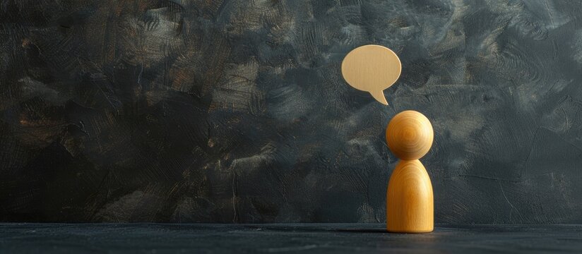 Handcrafted wooden figure with an empty speech bubble conveying a creative idea or business solution against a black studio backdrop copy space objects no one present