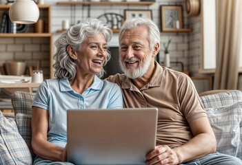 Senior people with laptop. Old couple using computer at home. Happy woman and man. Mature family using technology. Adult, cheerful couple sitting in apartment with internet on laptop. Retired portrait