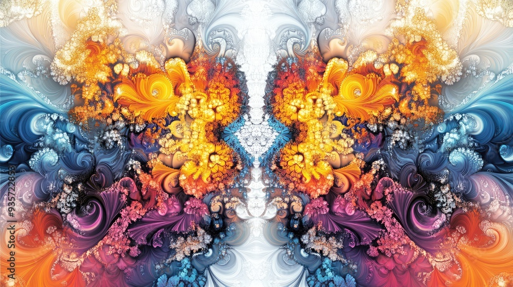 Poster symmetrical fractal patterns with bright colors, creating abstract art with intricate details on a w