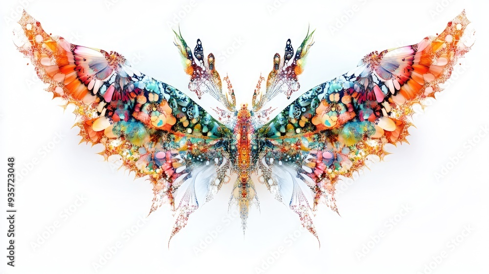Poster abstract art featuring colorful fractal geometrics in symmetrical patterns with intricate details on