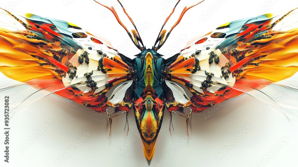 Poster symmetrical fractal wings of colorful animals and insects, creating detailed abstract art on a clean
