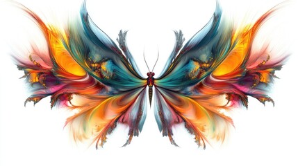Obraz premium Symmetrical fractal wings of colorful animals and insects, creating detailed abstract art on a clean white backdrop