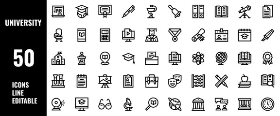 50 University Icons Set Line Editable Vector Illustration
