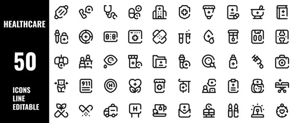 50 Healthcare Icons Set Line Editable Vector Illustration